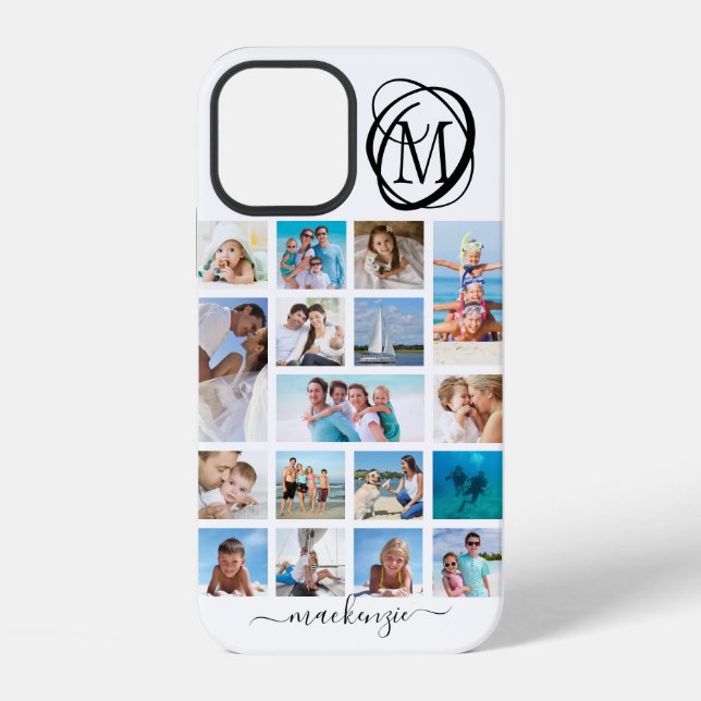 Stylish Monogram 17 Photo Collage Script Name iPhone Case (Back)