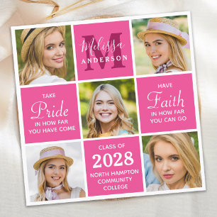 Stylish Monogram 5 Photo Collage Pink Graduation I Invitation