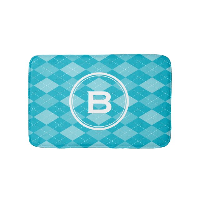 Stylish monogram aqua blue argyle pattern bath mat (Front)
