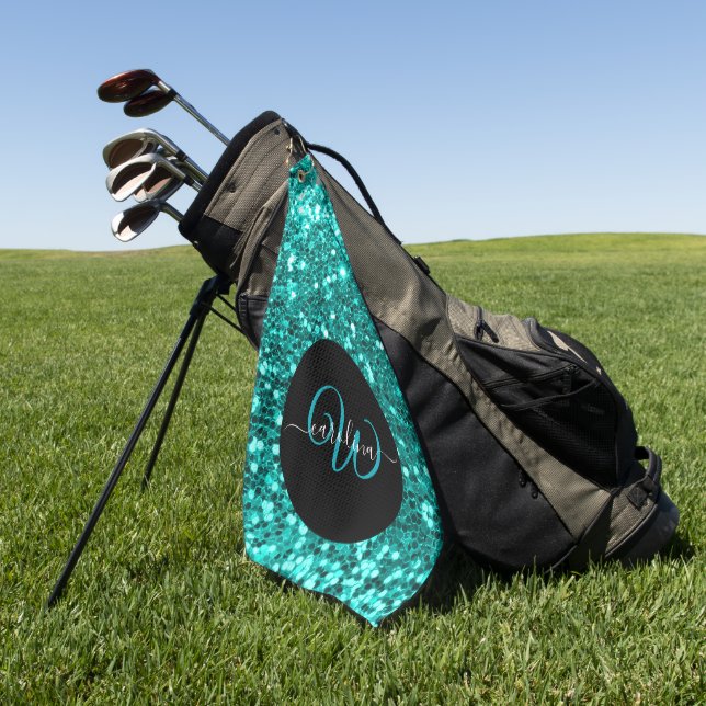 Stylish monogram aqua glitter name black golf towel (Green)