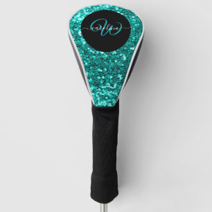 Stylish monogram aqua teal glitter name black golf head cover