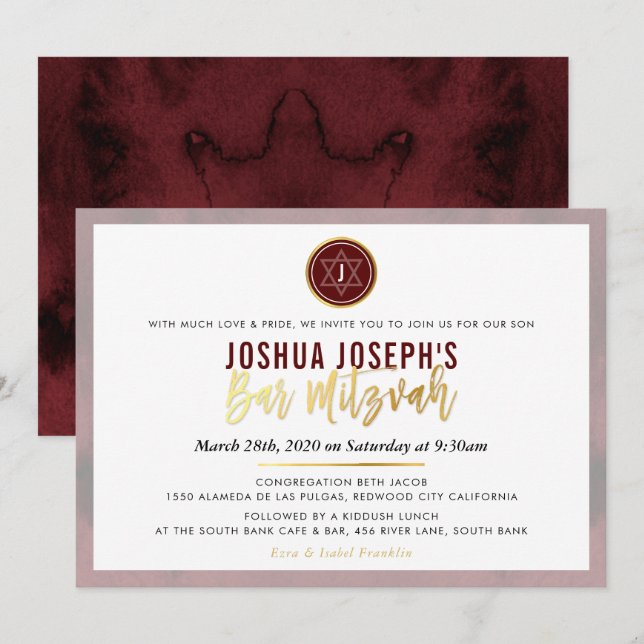 STYLISH MONOGRAM BAR MITZVAH maroon dark red gold Invitation (Front/Back)