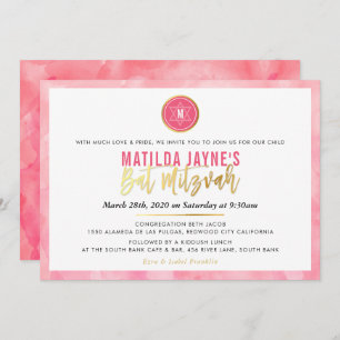 STYLISH MONOGRAM BAT MITZVAH coral pink gold Invitation