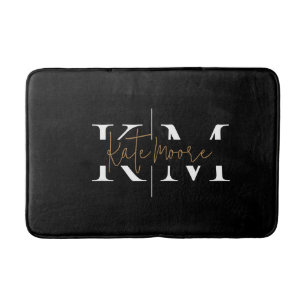 Stylish Monogram Black Gold Script Elegant  Bath Mat