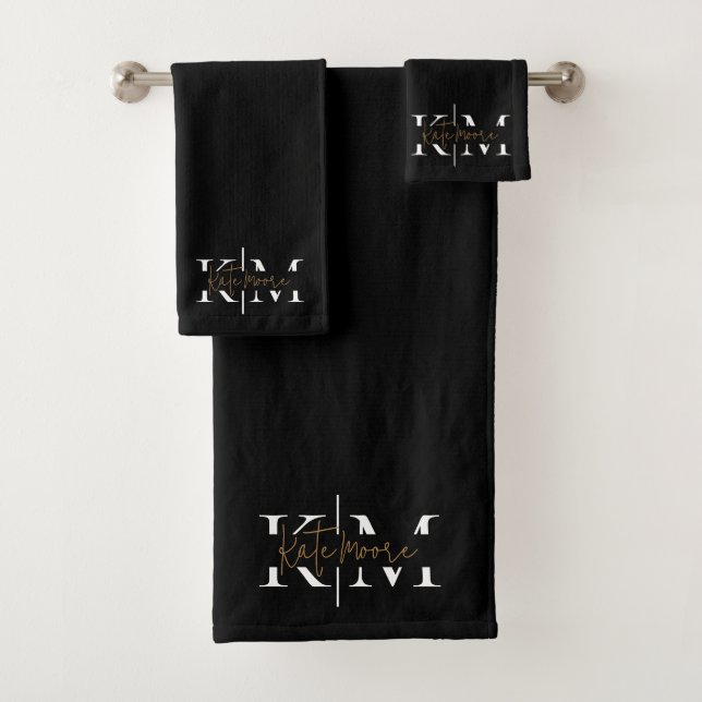 Stylish Monogram Black Gold Script Elegant  Bath Towel Set (Insitu)