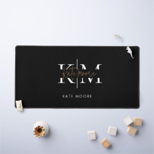 Stylish Monogram Black Gold Script Office School Desk Mat