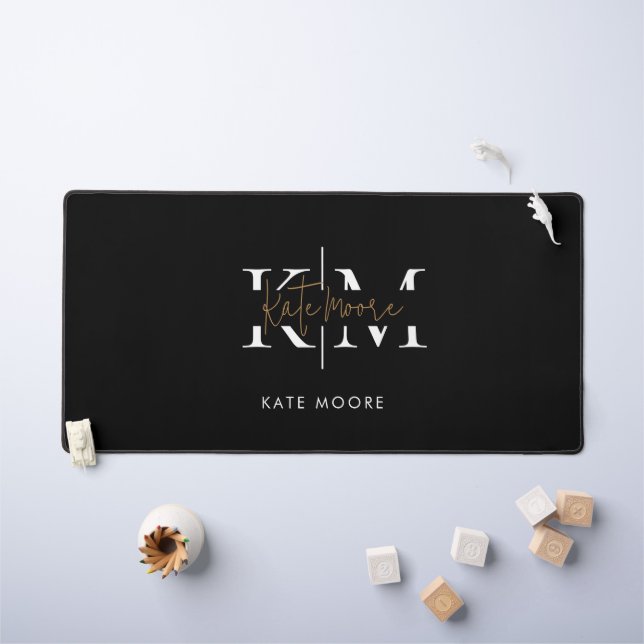 Stylish Monogram Black Gold Script Office School Desk Mat (Kids Table)