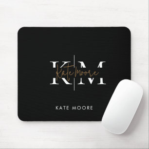 Stylish Monogram Black Gold Script Office School Mouse Pad