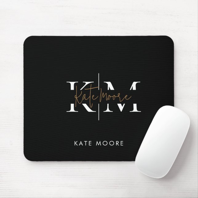 Stylish Monogram Black Gold Script Office School Mouse Pad (With Mouse)