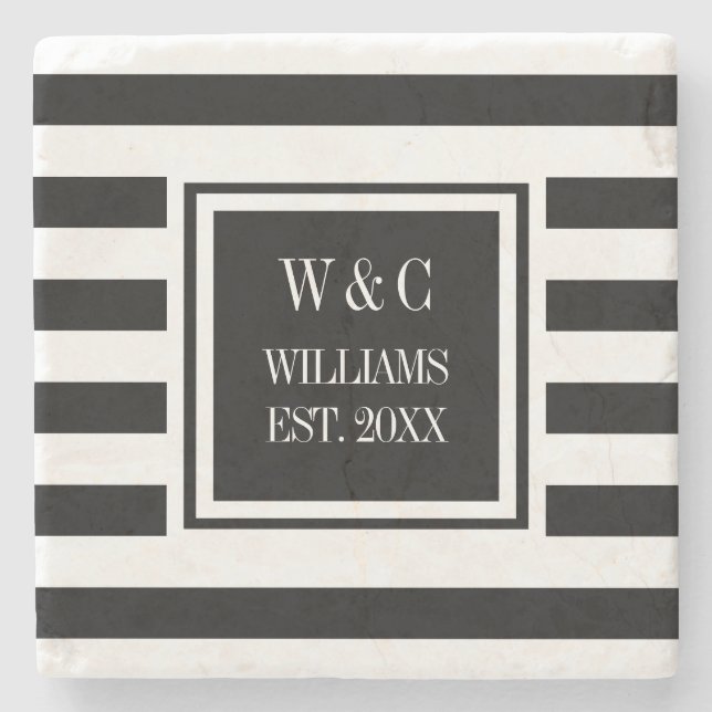 Stylish Monogram Black White Stripe Stone Coaster (Front)