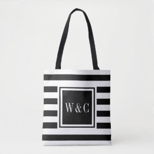 Stylish Monogram Black White Stripe Tote Bag
