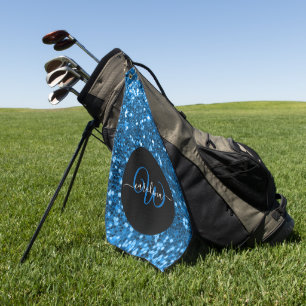 Stylish monogram blue glitter name black golf towel