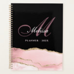 stylish monogram gold and blush agate  planner<br><div class="desc">Monogram stylish script lettering with an elegant black background with girly blush pink and gold agate. The text features can be customised.</div>