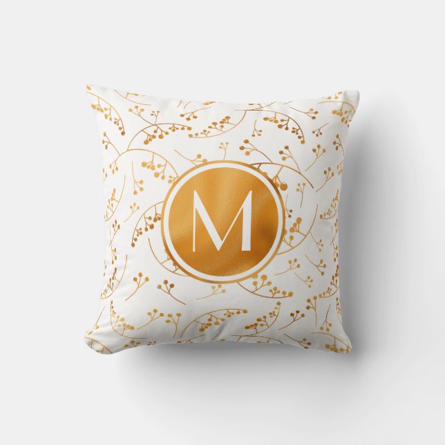 Stylish monogram gold berries on white pattern cushion (Front)