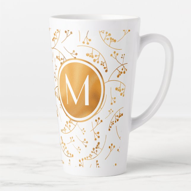 Stylish monogram gold berries pattern on white latte mug (Right)