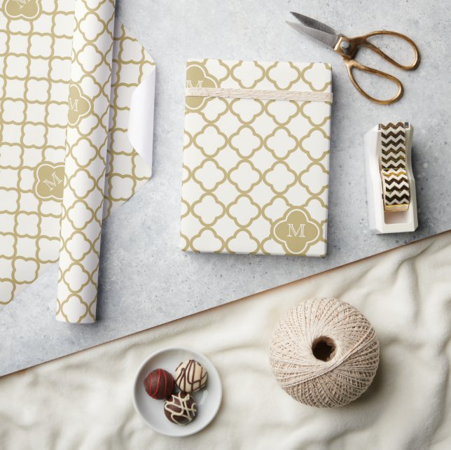 Stylish Monogram Gold Quatrefoil Pattern Wedding Wrapping Paper (Crafts)