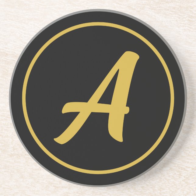 Stylish Monogram Initial Letter Gold Colour Black Coaster (Front)