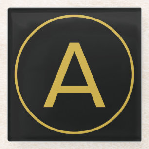 Stylish Monogram Initial Letter Gold Colour Black Glass Coaster