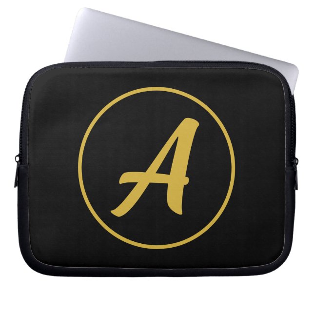 Stylish Monogram Initial Letter Gold Colour Black Laptop Sleeve (Front)