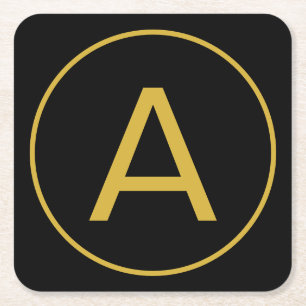 Stylish Monogram Initial Letter Gold Colour Black Square Paper Coaster
