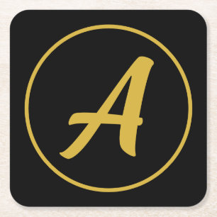 Stylish Monogram Initial Letter Gold Colour Black Square Paper Coaster