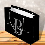 Stylish Monogram Initial Script Modern Black Grey Large Gift Bag<br><div class="desc">Girly Stylish Modern Elegant Black and Grey Monogram Initial Name Script Custom Personalised Gift Bag. This design featuring a first name in a pretty hand lettered swash tail font calligraphy (or typography) with monogram initial in grey and white on black background. Easy to customise it. This feminine gift bag great...</div>