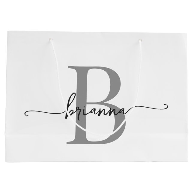 Stylish Monogram Initial Script Modern White Grey Large Gift Bag (Back)