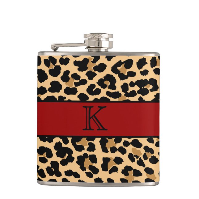 Stylish Monogram Leopard Print & Red Custom Flask (Front)