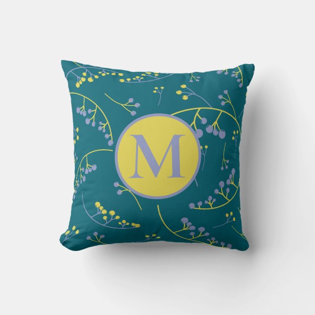 Stylish monogram lilac yellow berry pattern cushion (Front)