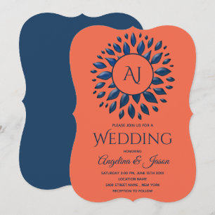 Stylish Monogram Navy and Coral Wedding Invitation