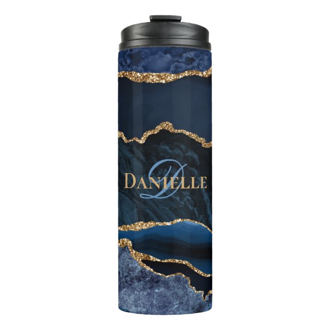 Stylish Monogram Navy Blue Gold Agate Geode Thermal Tumbler (Front)