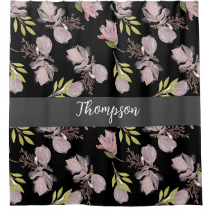 Stylish monogram night garden black, pink floral shower curtain