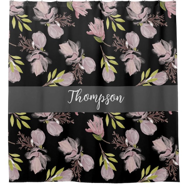 Stylish monogram night garden black, pink floral shower curtain (Front)