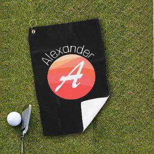 Stylish monogram orange letter A black golf towel