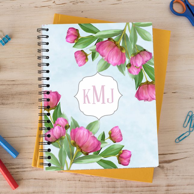 Stylish Monogram Pink Botanical Peonies Elegant Notebook (Pretty pink peonies bouquet spiral notebook)