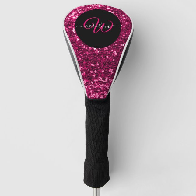 Stylish monogram pink glitter name black golf head cover (Front)