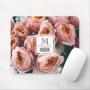 Stylish monogram pink rose modern floral photo mouse pad