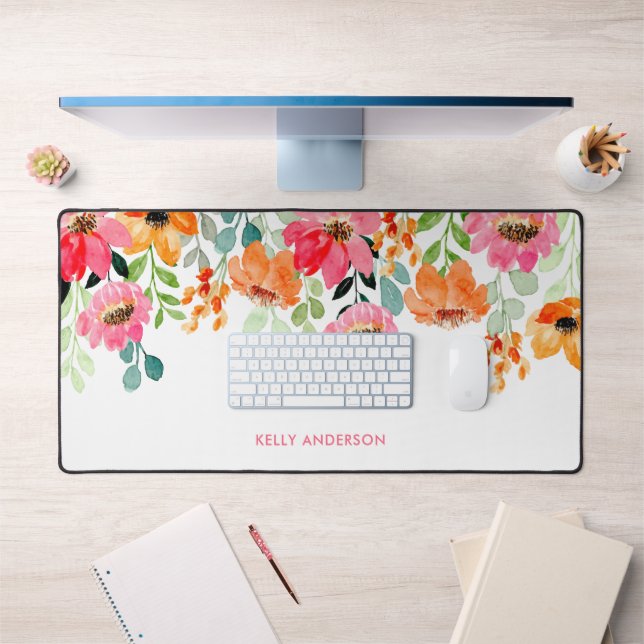 Stylish Monogram Pink Watercolor floral Desk Mat (Office 1)