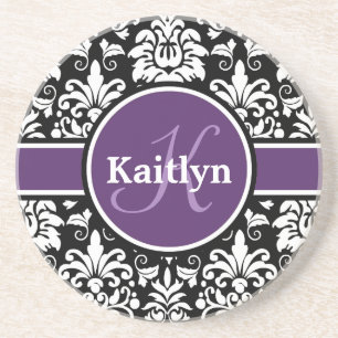 Stylish Monogram Purple Black White Damask Coaster
