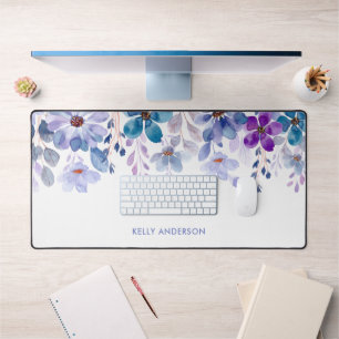 Stylish Monogram Purple & Blue Watercolor floral Desk Mat