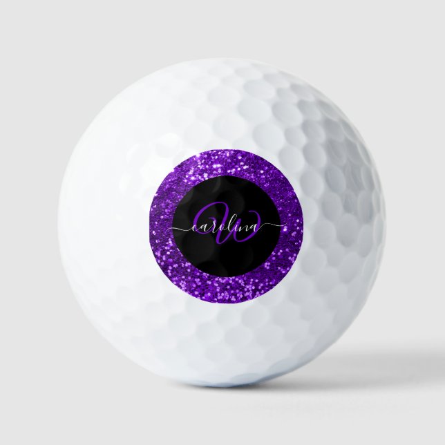 Stylish monogram purple glitter name black golf balls (Front)