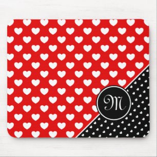 Stylish Monogram Red And Black, White Hearts Mouse Pad