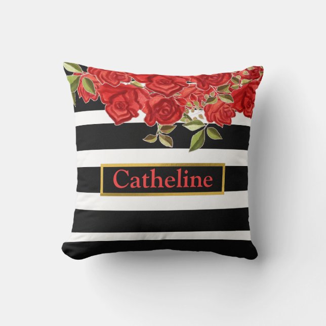 Stylish Monogram red floral black white stripes Cushion (Front)
