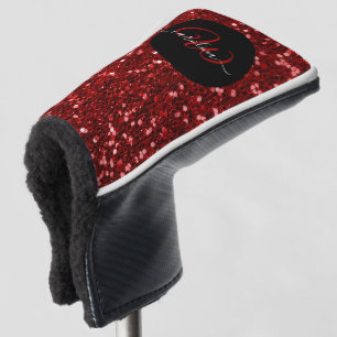 Stylish monogram red glitter name black golf head cover