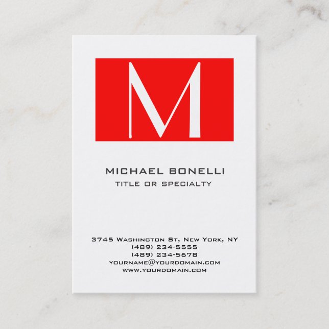Stylish Monogram Red White Simple Business Card (Front)