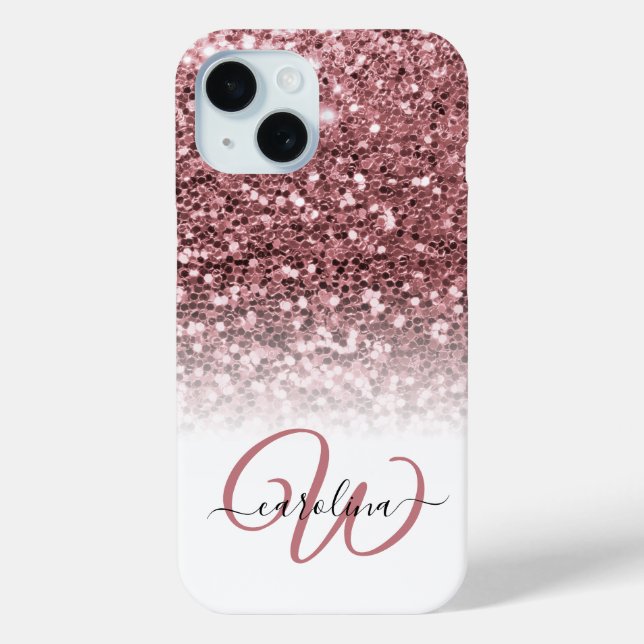 Stylish monogram rose glitter name white Case-Mate iPhone case (Back)