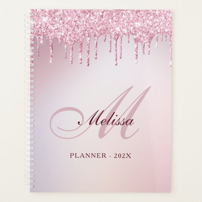 stylish monogram rose gold purple glitter  planner (Front)