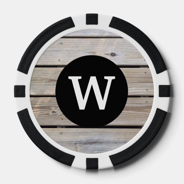 Stylish Monogram Rustic Wood Look Poker Chips (Front)