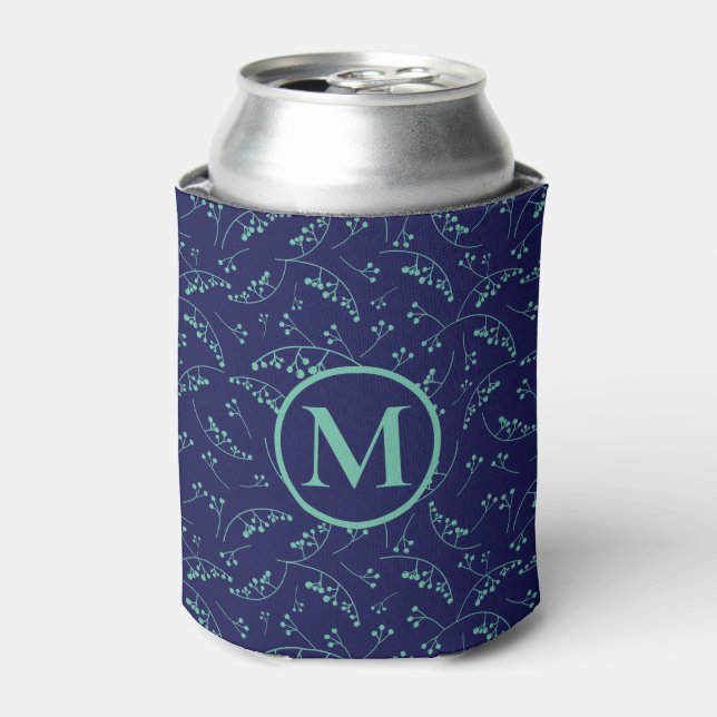 Stylish monogram teal green blue berry pattern can cooler (Can Front)