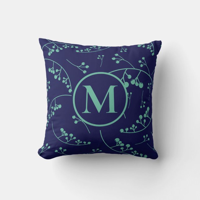 Stylish monogram teal green blue berry pattern cushion (Front)